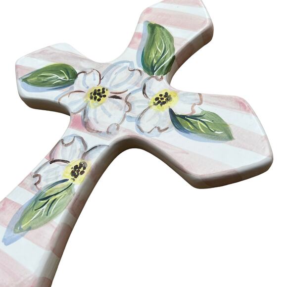 CERAMIC CROSS with Dogwood Blossoms & Pink Stripes/Wall Art Ready to Hang - Picture 3 of 10